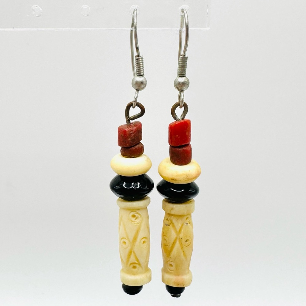 Carved Bead Long Dangle Earrings Rustic Boho Tribal Textured Hook Ear Wires